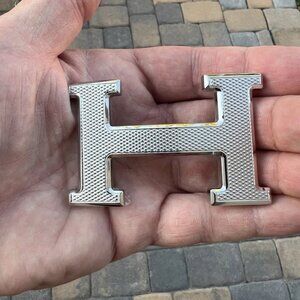 Authentic HERMES Silver Palladium Guilloche H Metal Belt Buckle (excellent)